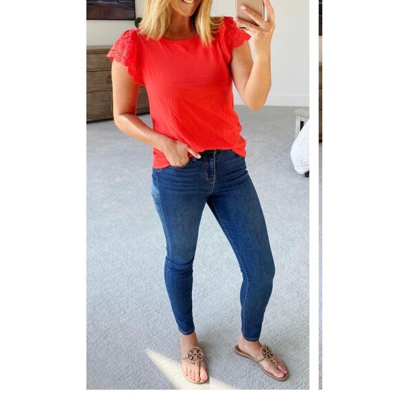 J. Crew Eyelet Flutter Sleeve Top Size Large Red Floral Crochet Cap Sleeve - Picture 7 of 7